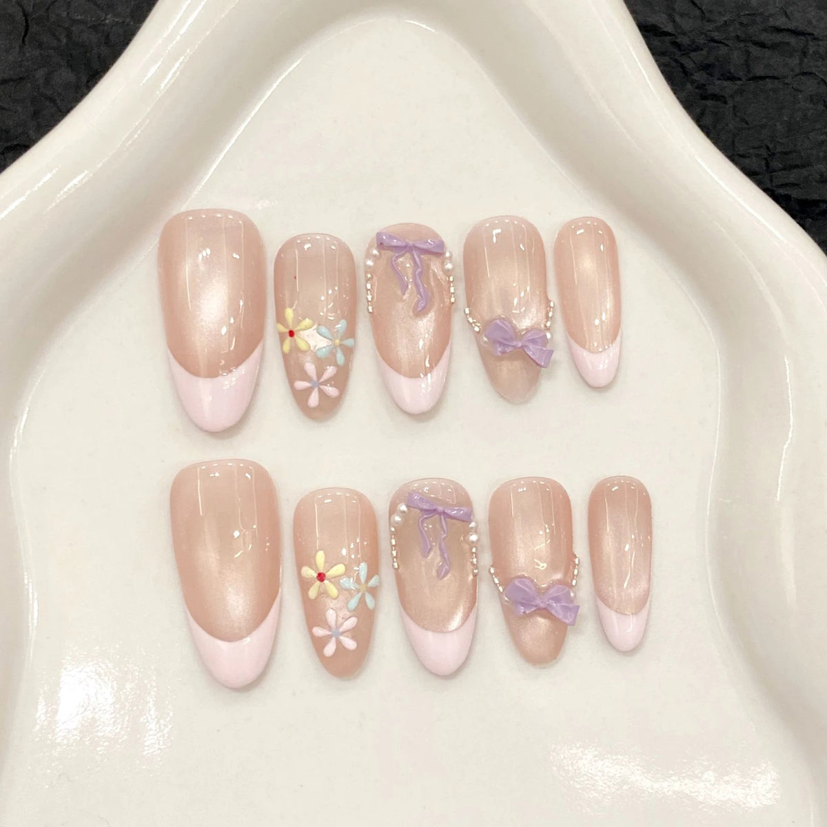 10pcs French Cat Eye Pink Bow Handmade Press on Nails
