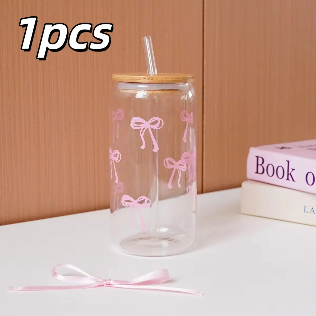 1/2pcs Pink Bow Glass Cup with Bamboo Wood Lid and Straw