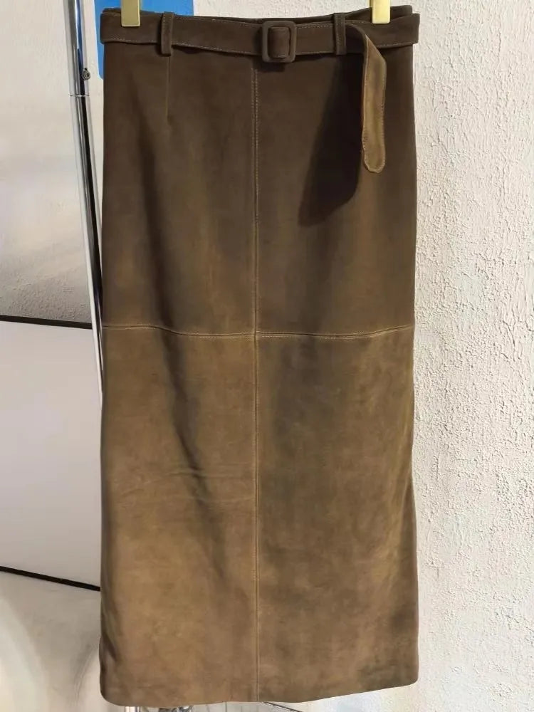 Genuine Leather Suede Long Skirt