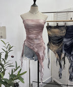Tie-Dye Mesh Ruffle Edge Asymmetric Tube Top
