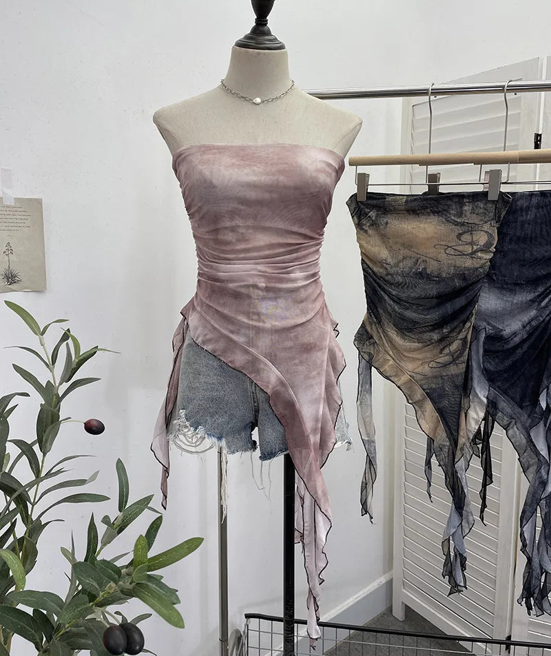 Tie-Dye Mesh Ruffle Edge Asymmetric Tube Top