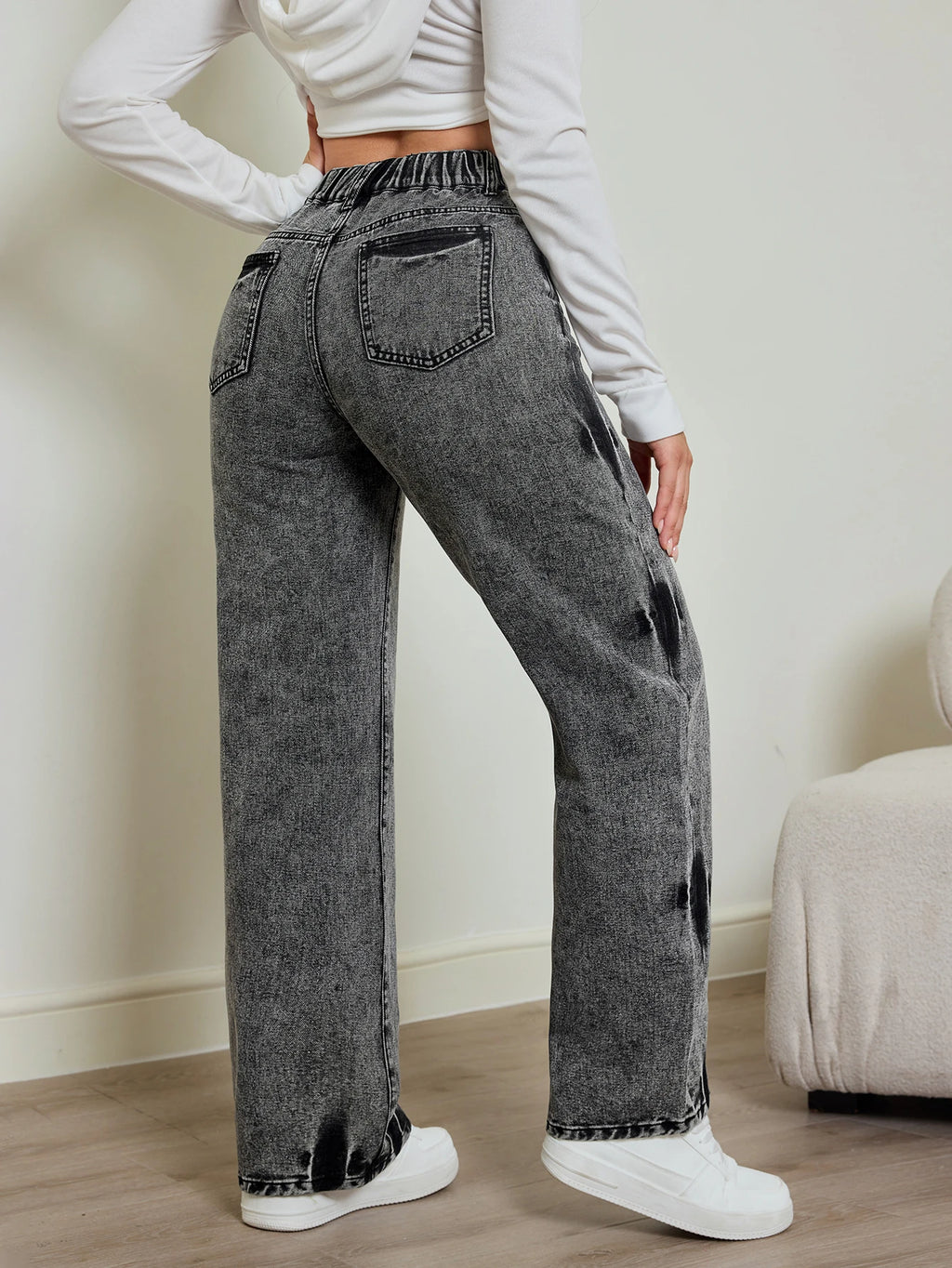 Contrast High Waist Straight Jeans
