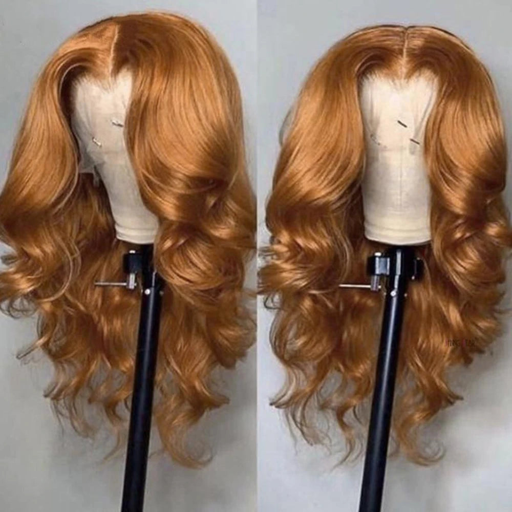 Honey Blonde Body Wave Lace Front Wig Ginger Brown Synthetic 13X4 HD Lace Frontal Wig 200% Density Glueless Heat Resistant Fiber
