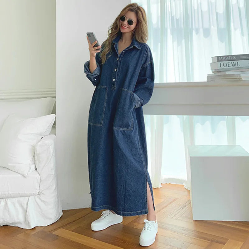 2025 Nuevo vestido vaquero coreano retro suelto de mujer estilo occidental grande, informal, con cuello, abertura, para el trabajo, versátil y que reduce la edad