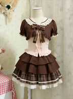Lace Bow Blouse + Cami Top + Plaid Ruffle Mini Skirt Set