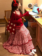 Strawberry Ruffles Plaid Long Skirt