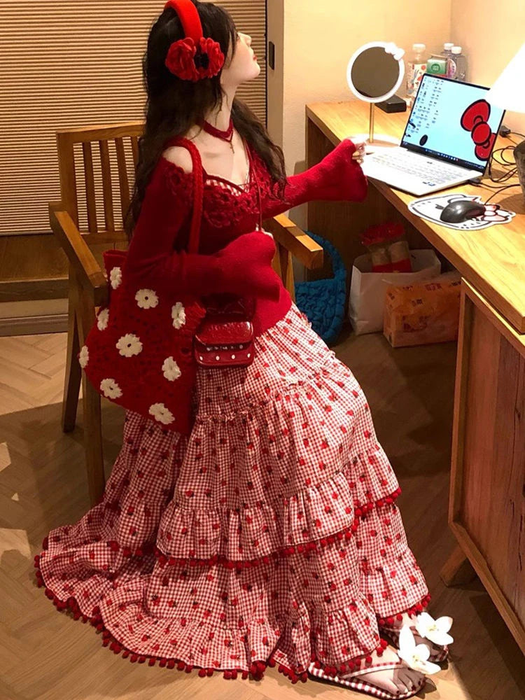 OCEANLOVE Dulce Falda de Mujer Fresa con Volantes Retro Cuadros Rojos Linda Falda Larga Moda Coreana Primavera Verano Faldas Mujer