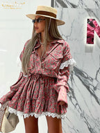 Clacive Vestido holgado con estampado para mujer, elegante vestido de oficina de manga larga con cordones, vestidos casuales con encaje fruncido para mujer