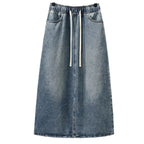 Drawstring Elastic Waist Split Denim Skirt