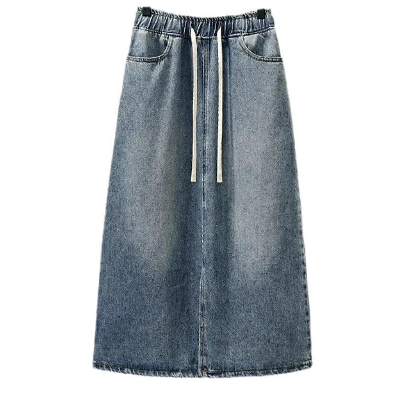 Primavera/Verano 2026Nueva falda vaquera con cordón en la cintura elástica y abertura, de talle alto, estilo retro y corte A informal para mujer