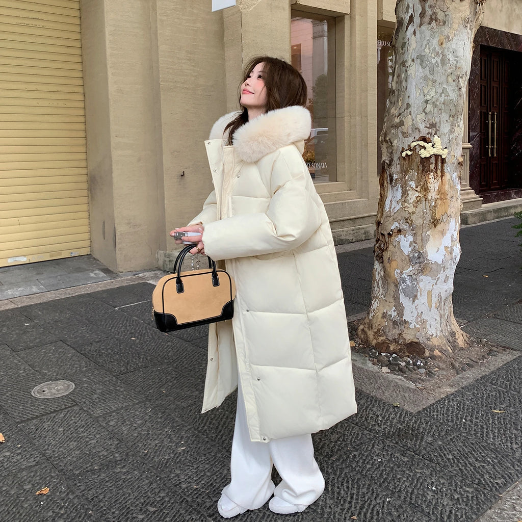 Abrigo acolchado rosa de longitud media para mujer, grueso, de invierno de 2026, por encima de la rodilla, con cuello de piel, chaqueta cálida de algodón para mujer, parkas y abrigos