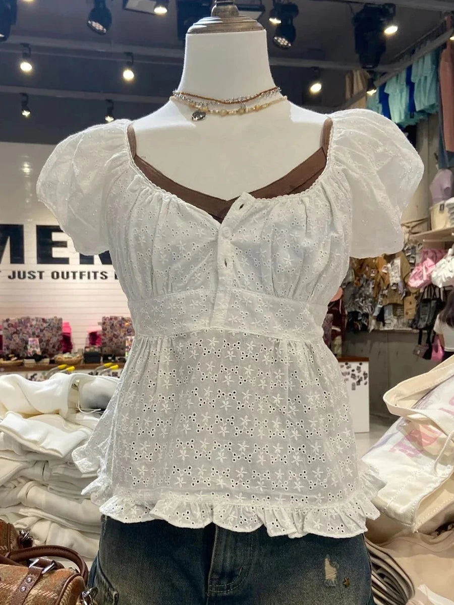 Camiseta Delgada de Cuadros Verdes Vintage para Mujer, Verano, Dulce, con Ribete de Encaje, Manga Corta, Algodón, Tops Casuales Retro Elegantes, Top Corto con Volantes