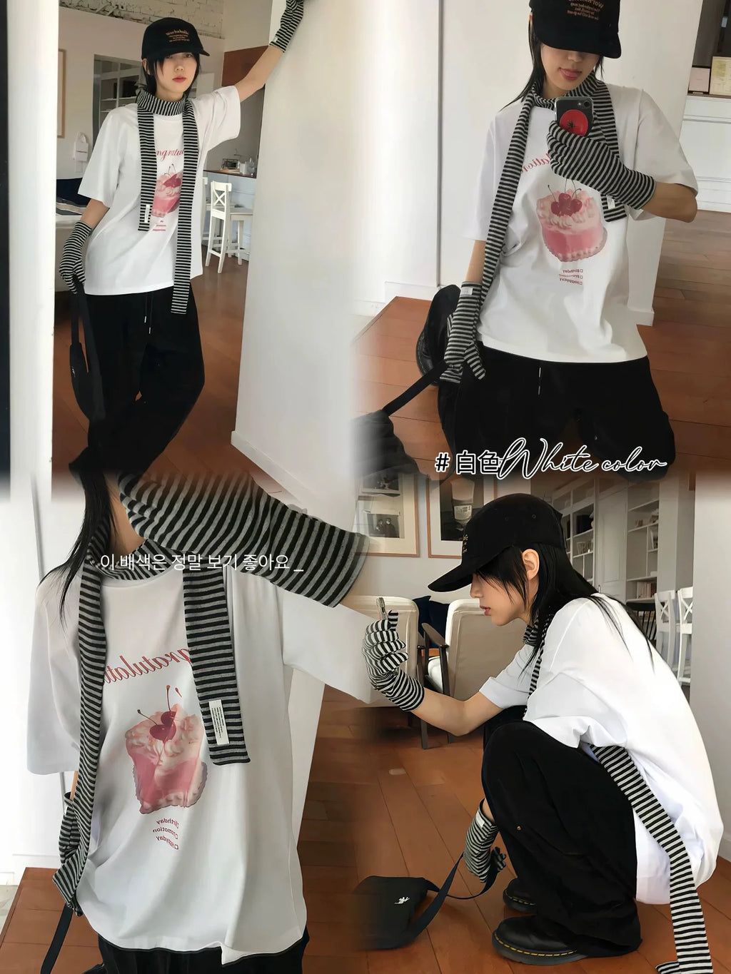 [RE-CON] Camiseta informal de manga corta con estampado de pastel de crema de cereza dulce y linda, versión coreana, 100% algodón