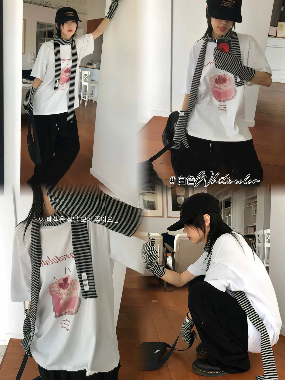 [RE-CON] Camiseta informal de manga corta con estampado de pastel de crema de cereza dulce y linda, versión coreana, 100% algodón